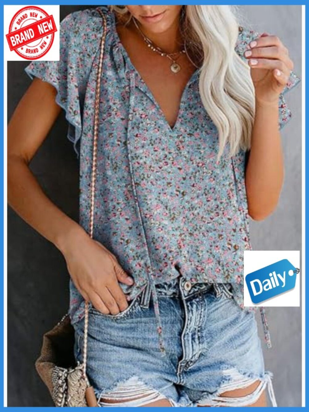 Boho Floral V-Neck Short Sleeve Blouse, Loose Fit, 100% Polyester Chiffon - Picture 2 of 7